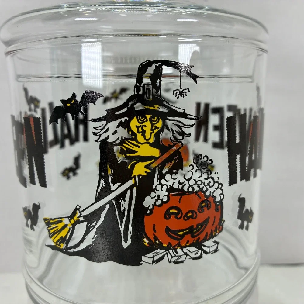 Vintage Halloween Glass Candy Jar Witch Black Cat Pumpkin Apothecary Canister